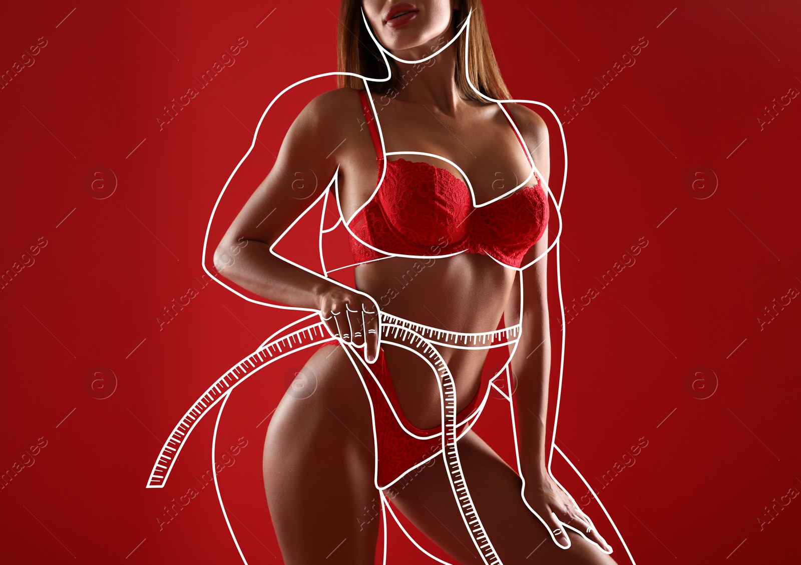 Image of Slim young woman after weight loss on red background 