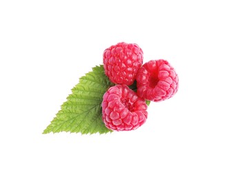 Photo of Fresh ripe raspberries with green leaf on white background, top view