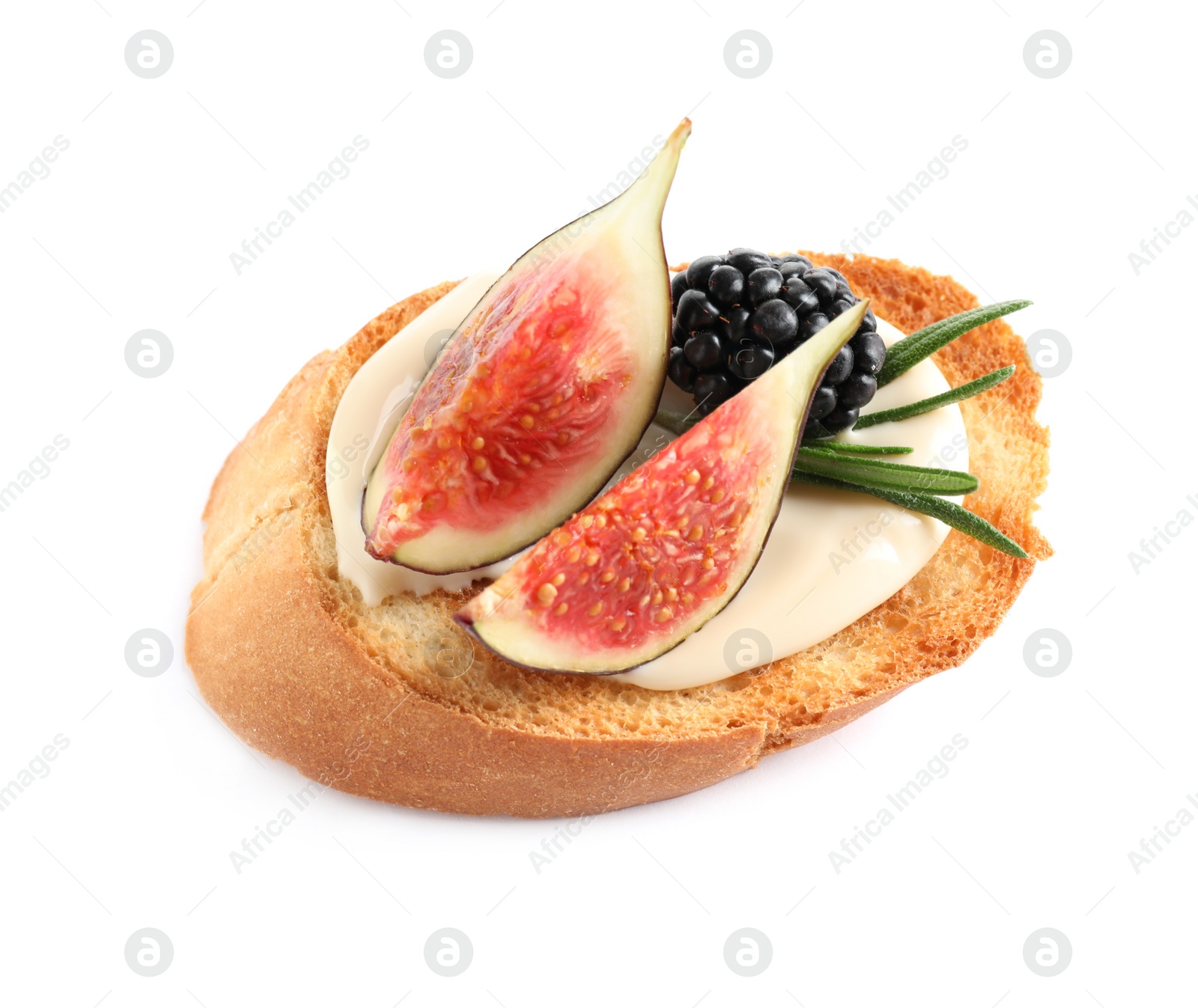 Photo of Bruschetta with cheese and figs isolated on white, above view