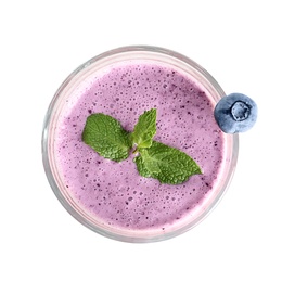 Photo of Tasty blueberry smoothie in glass on white background, top view