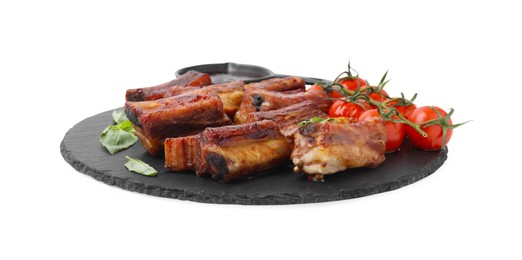 Photo of Tasty roasted pork ribs, basil, sauce and tomatoes isolated on white