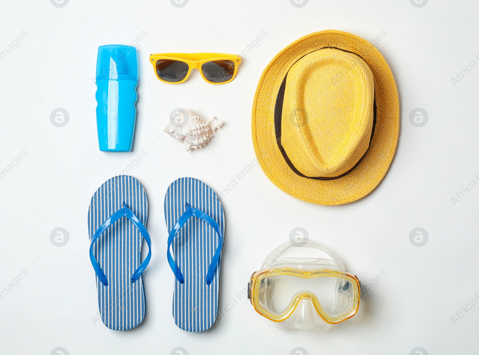 Photo of Composition with beach objects on white background