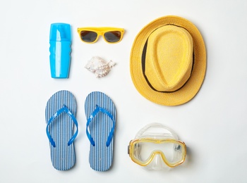 Composition with beach objects on white background