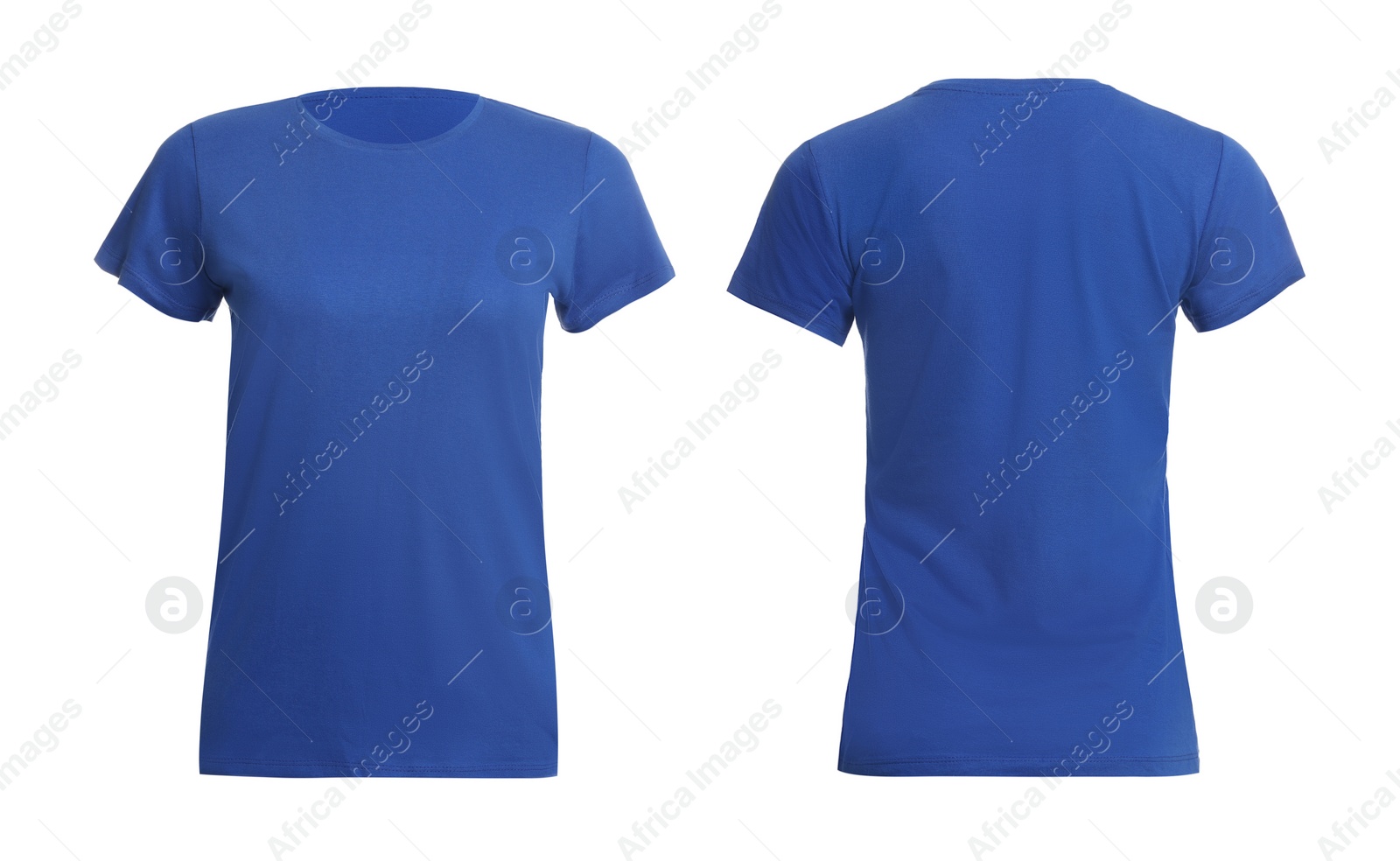 Image of Blue t-shirt with space for design isolated on white. Back and front views