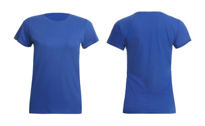 Image of Blue t-shirt with space for design isolated on white. Back and front views