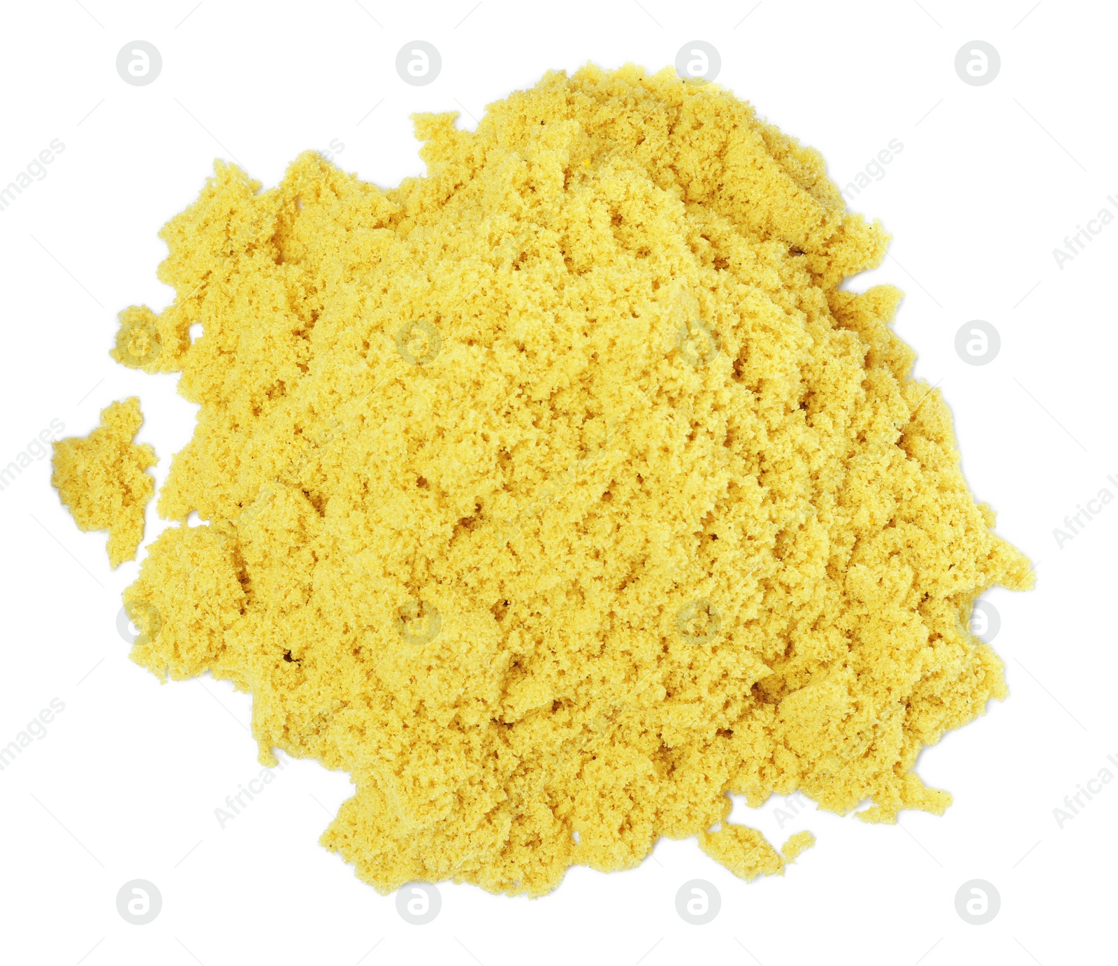 Photo of Pile of yellow kinetic sand on white background, top view