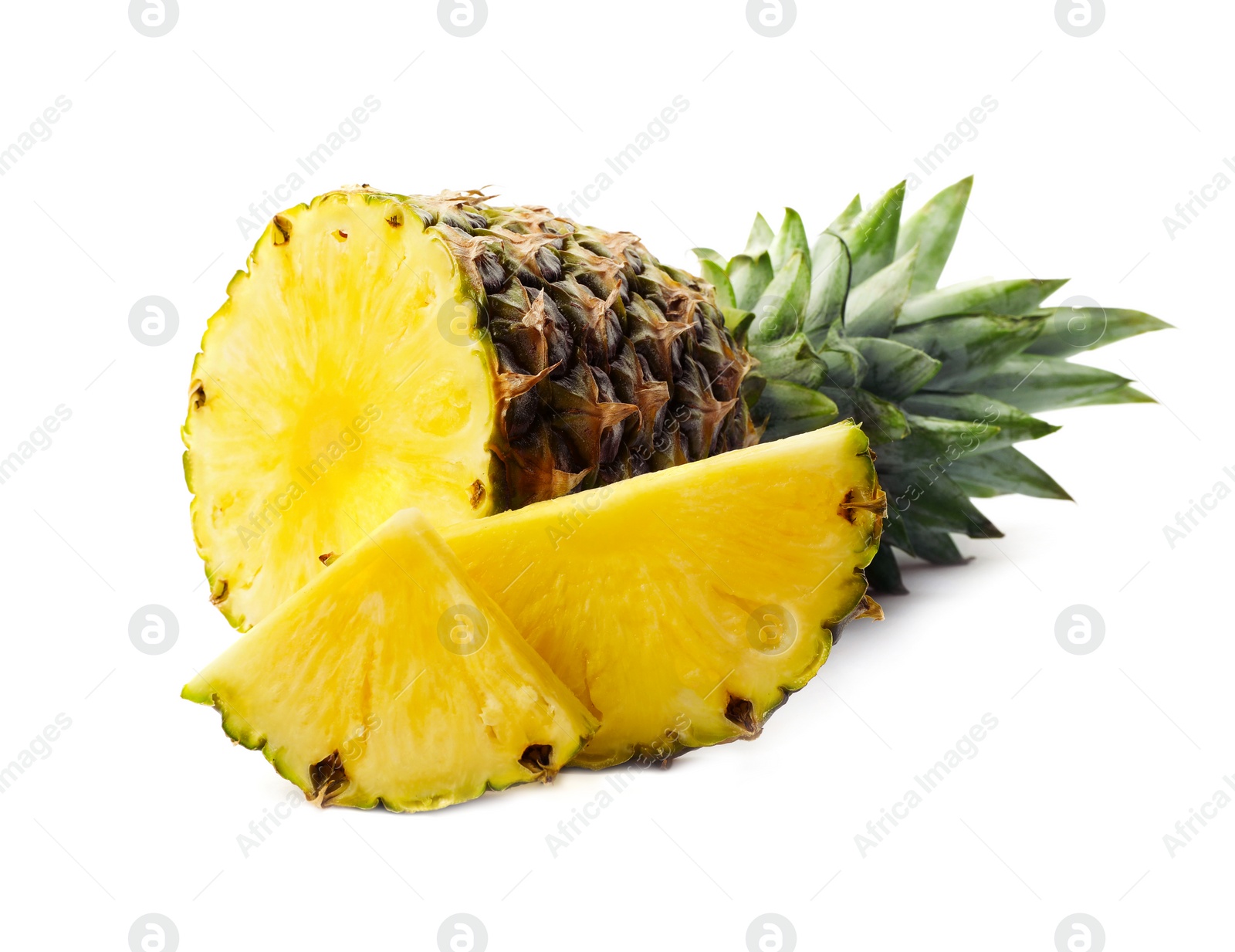 Photo of Tasty raw pineapple with slices on white background