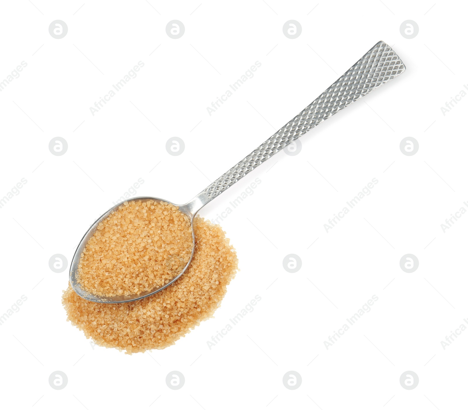 Photo of Pile of brown sugar and spoon isolated on white, top view