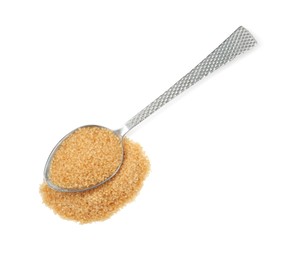 Photo of Pilebrown sugar and spoon isolated on white, top view
