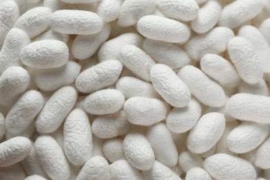 Pile of natural silkworm cocoons as background, closeup