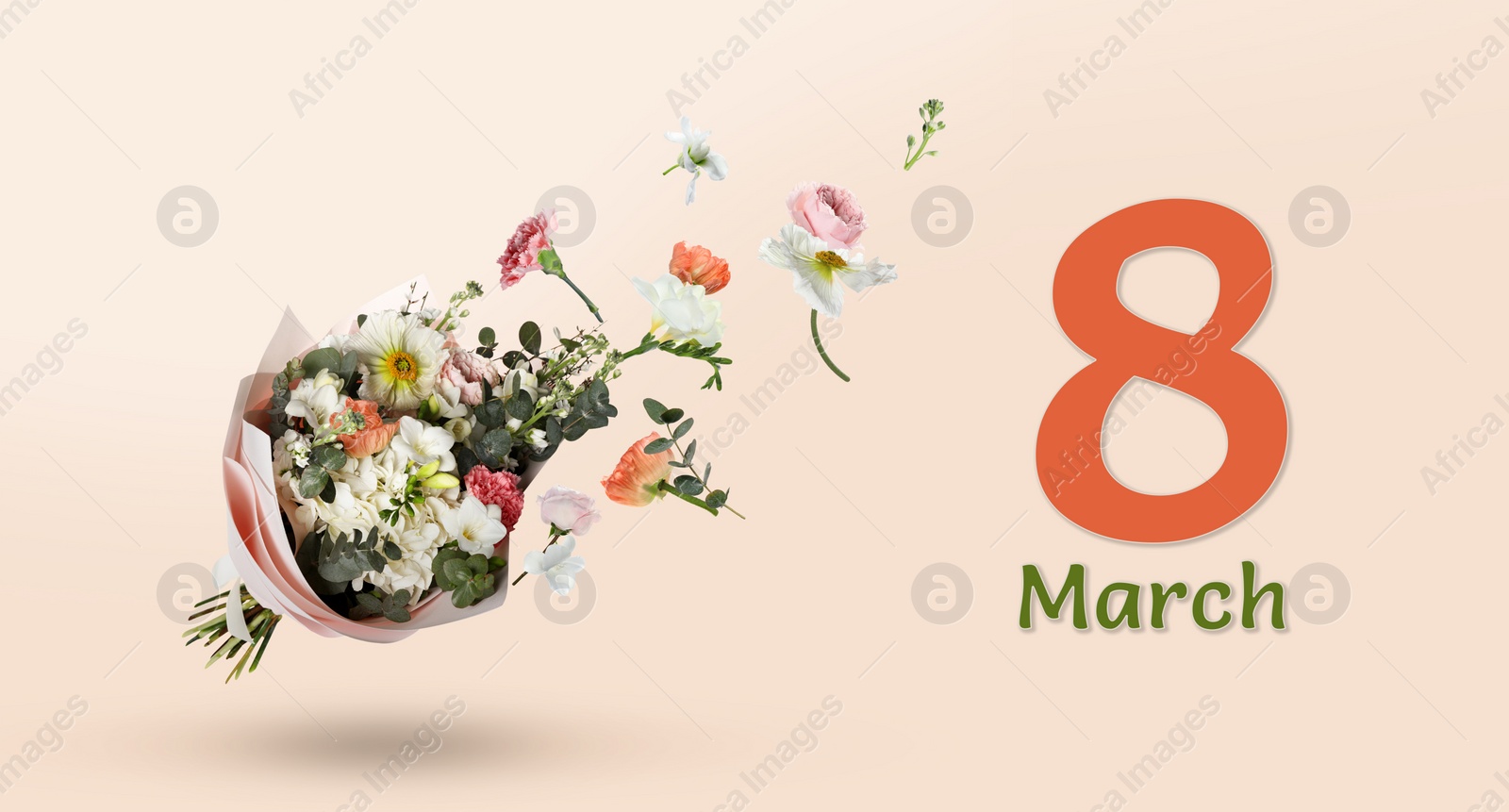 Image of March 8 - International Women's Day. Greeting card design with bouquet of beautiful flowers on beige background
