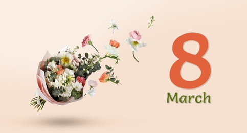 March 8 - International Women's Day. Greeting card design with bouquet of beautiful flowers on beige background