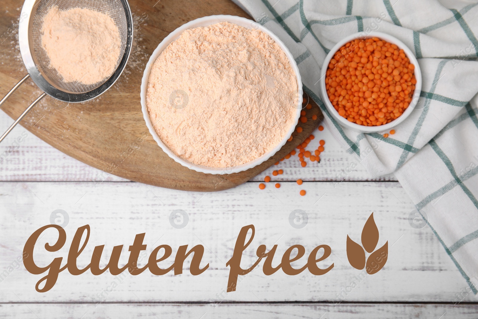 Image of Gluten free products. Bowl of lentil flour and text on white wooden table, top view