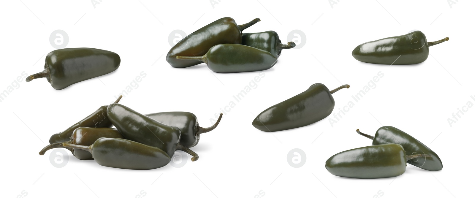 Image of Set with pickled green jalapeno peppers on white background. Banner design