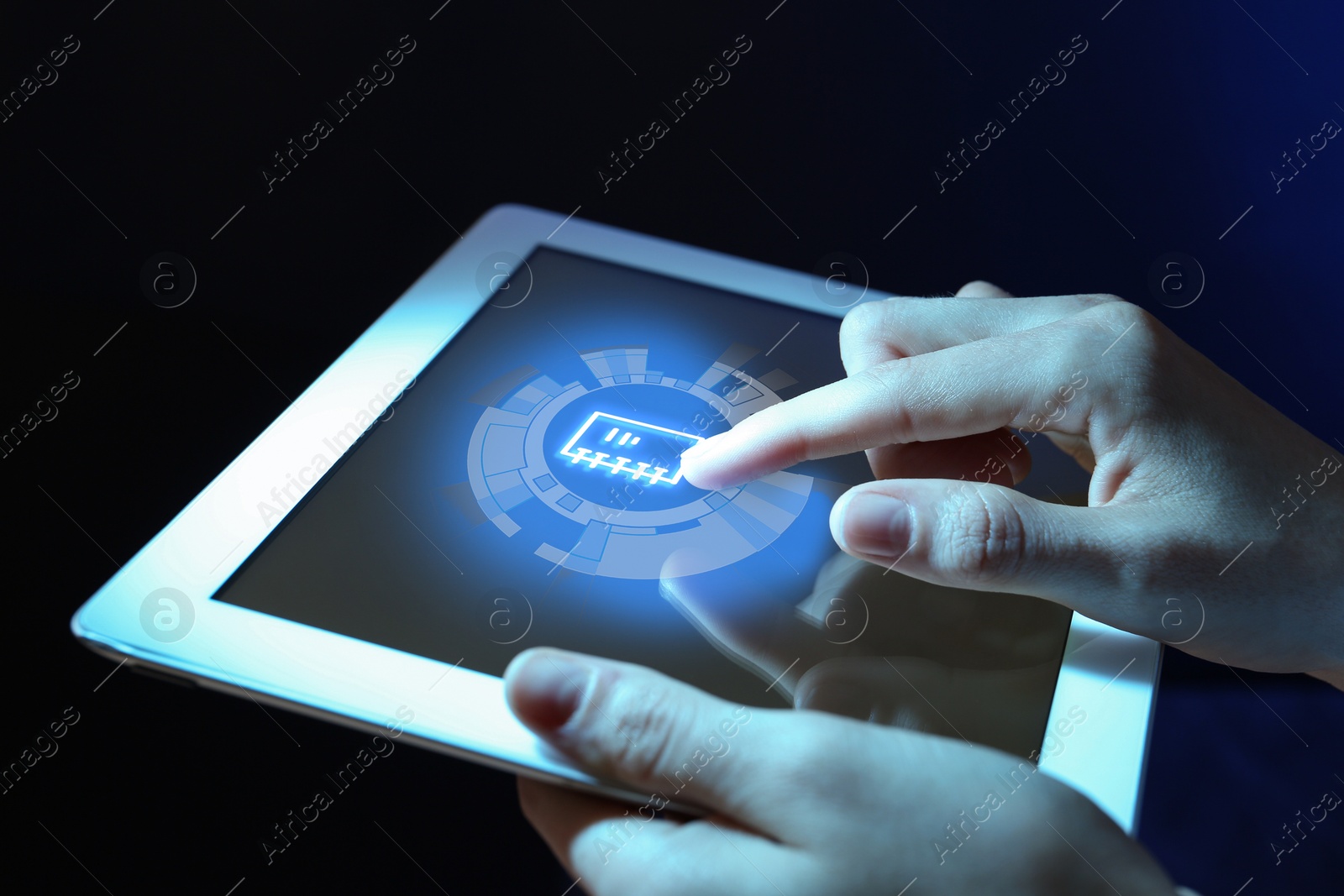 Image of Woman clicking on document icon using tablet, closeup