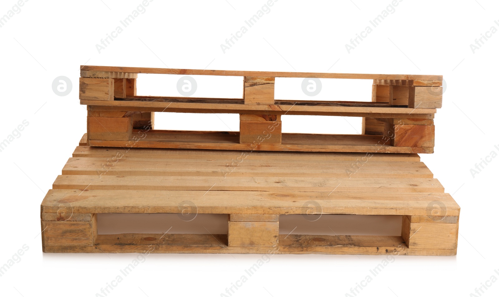 Photo of Wooden pallets isolated on white. Transportation and storage