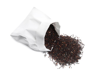 Photo of Paper bag with black quinoa on white background