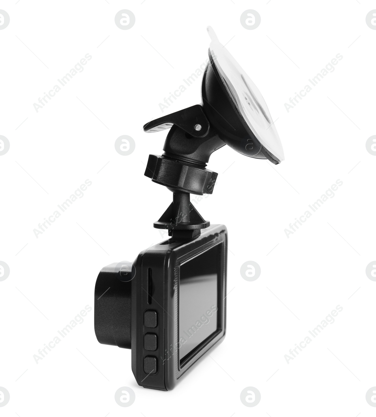 Photo of Modern car dashboard camera with suction mount isolated on white