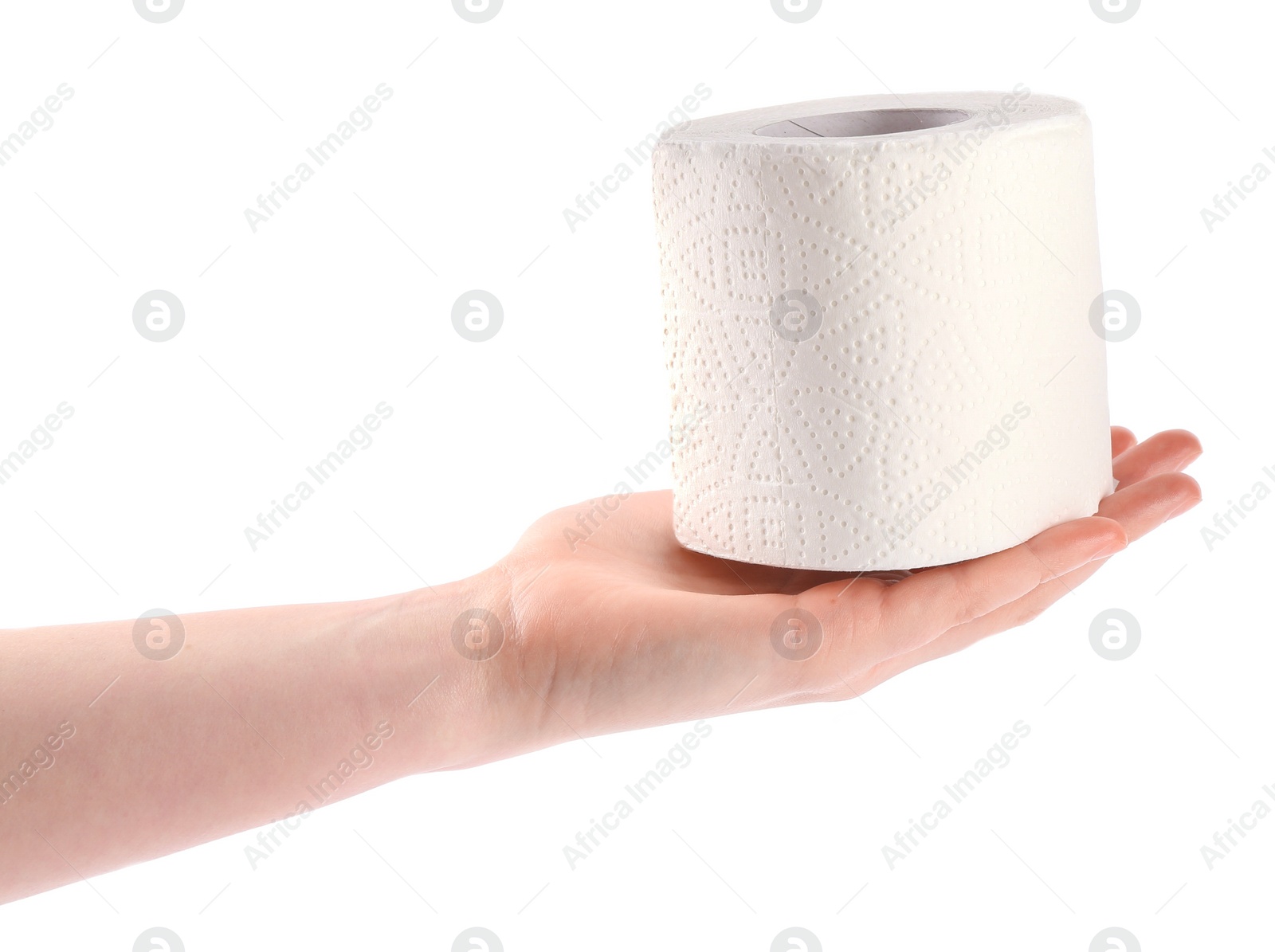 Photo of Woman holding toilet paper roll on white background, closeup