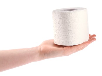 Photo of Woman holding toilet paper roll on white background, closeup