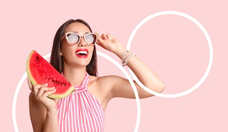 Image of Beautiful woman with juicy watermelon on light pink background, stylish design. Summer vibes