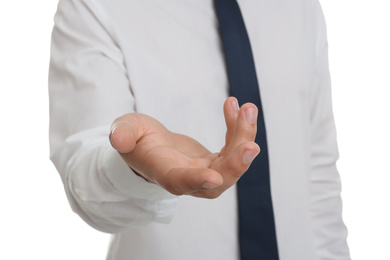 Businessman showing something against white background, focus on hand