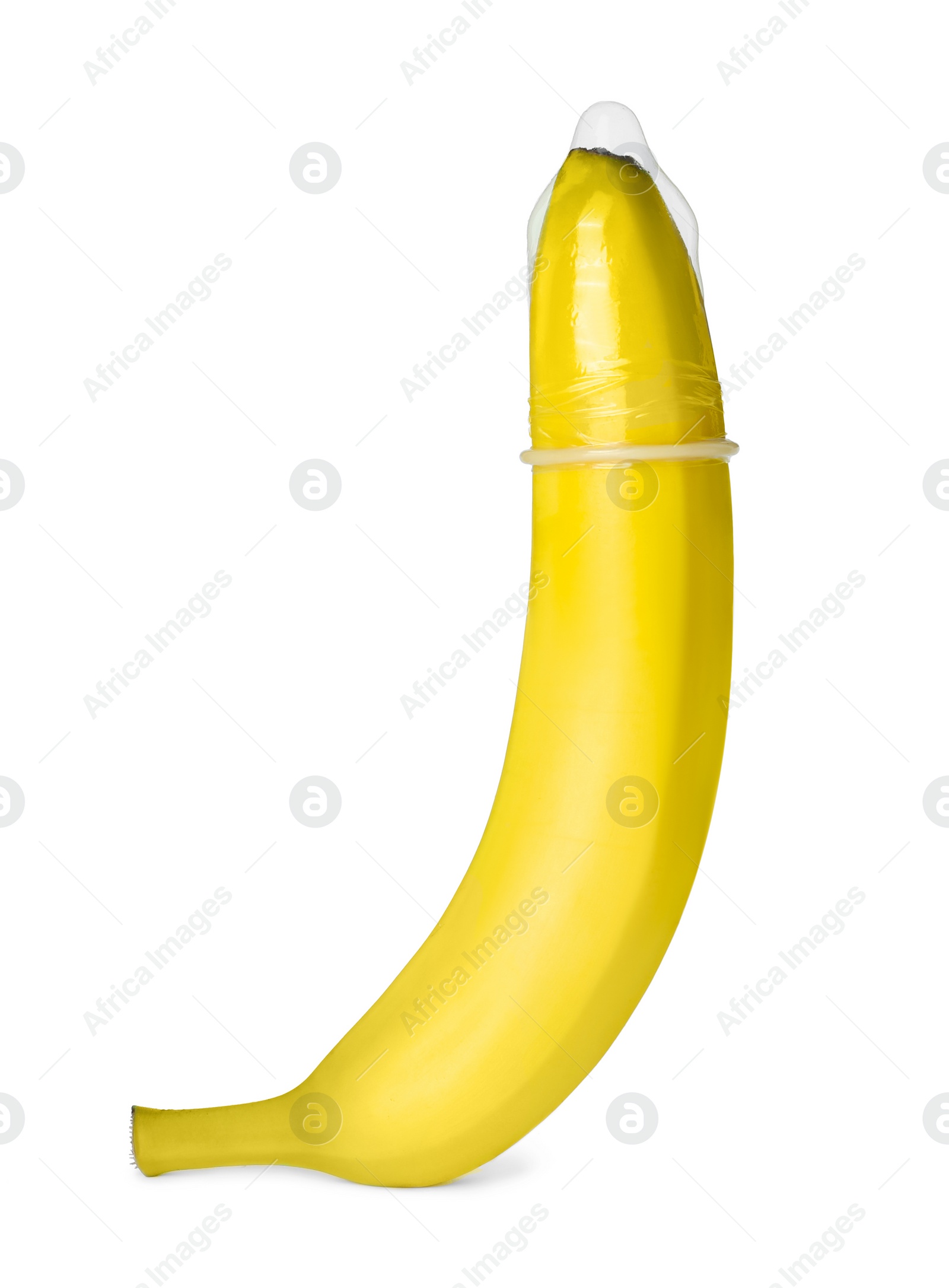 Photo of Banana with condom isolated on white. Safe sex concept