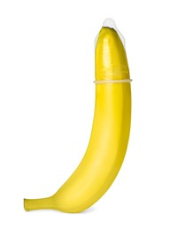 Banana with condom isolated on white. Safe sex concept