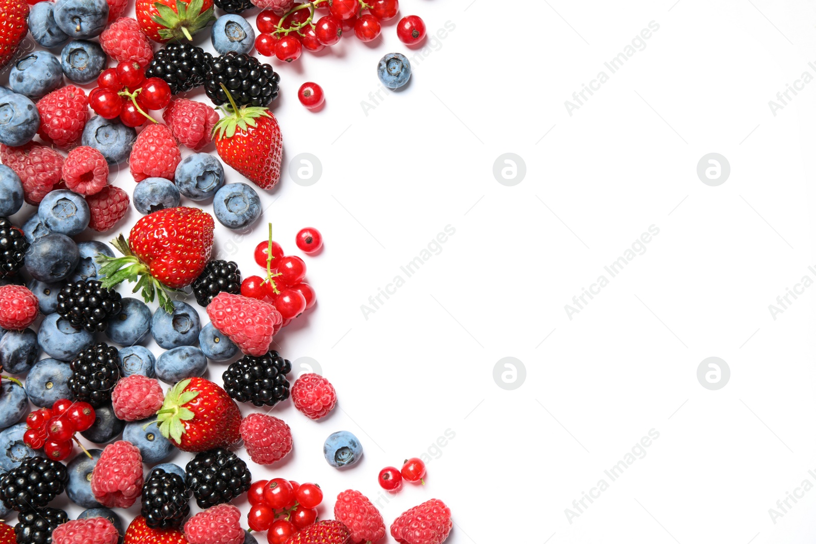 Photo of Mix of fresh berries on white background, flat lay