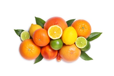 Photo of Different citrus fruits on white background, top view