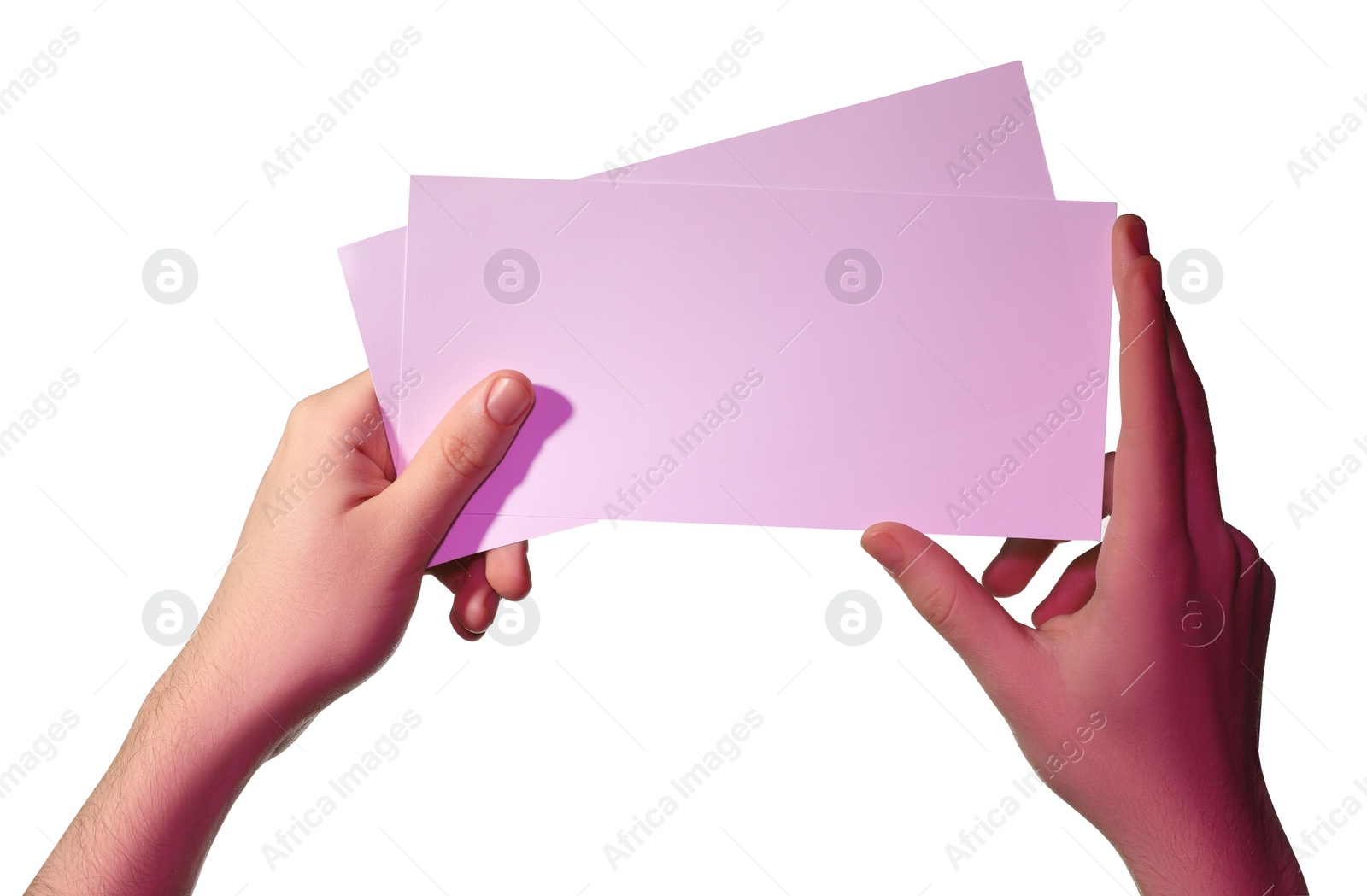 Photo of Man holding flyers on white background, closeup and space for text. Color tone effect