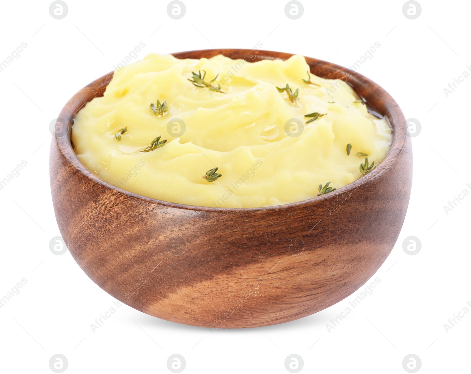 Photo of Bowl of delicious mashed potato with thyme isolated on white