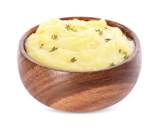 Bowl of delicious mashed potato with thyme isolated on white