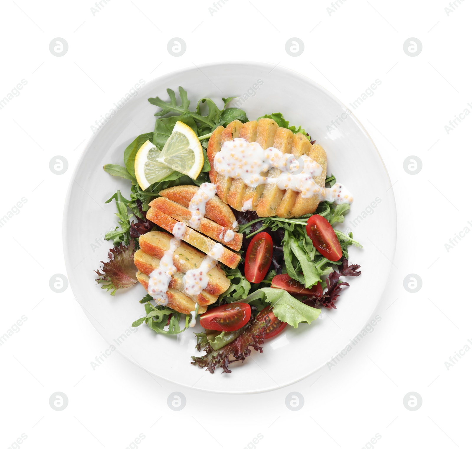 Photo of Healthy dish high in vegetable fats isolated on white, top view