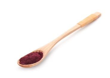 Photo of Wooden spoon with acai powder on white background