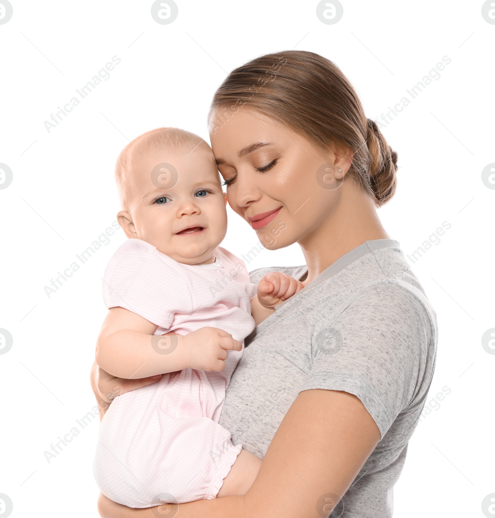 Photo of Portrait of happy mother with her baby isolated on white