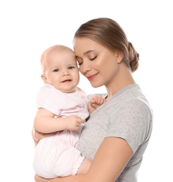 Photo of Portrait of happy mother with her baby isolated on white