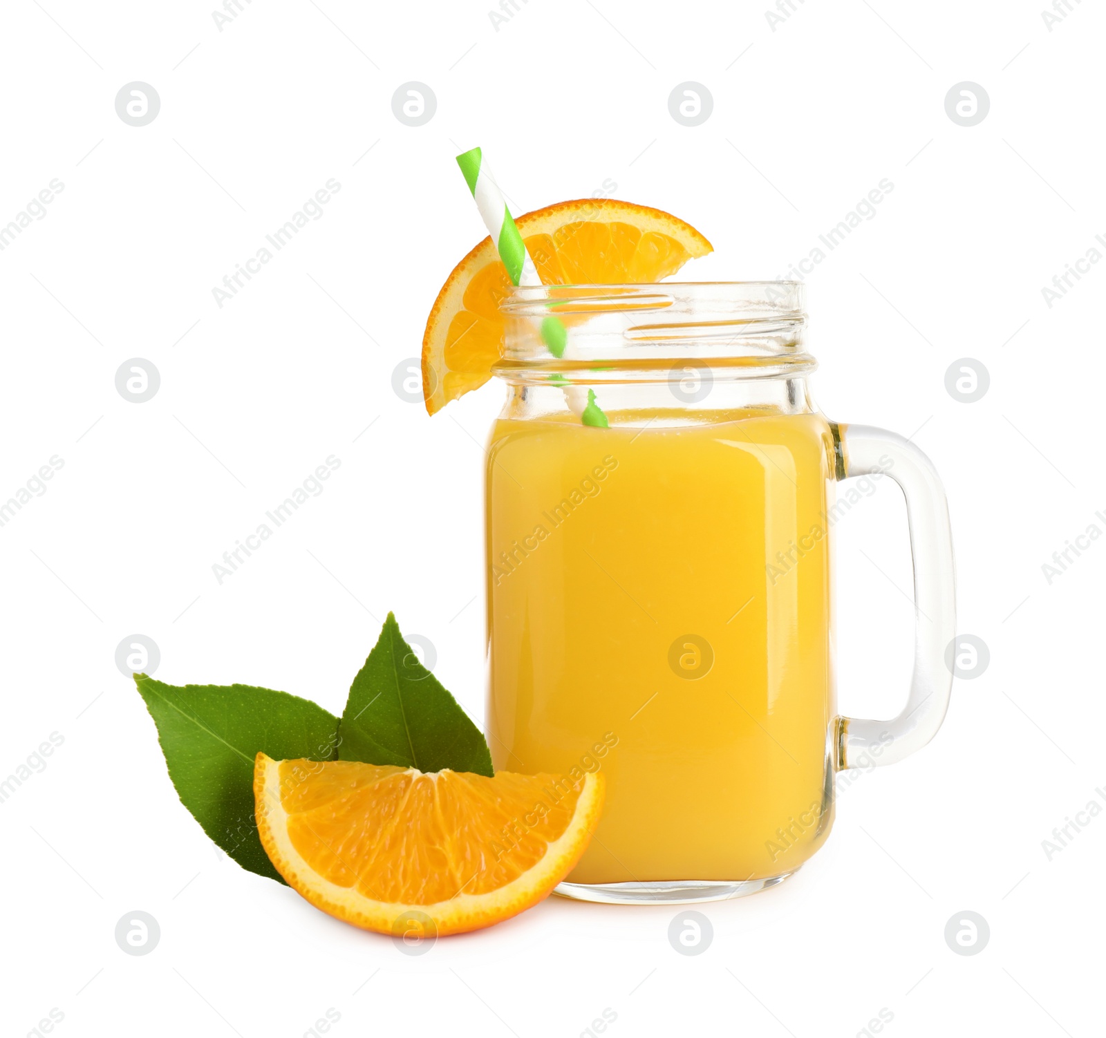 Photo of Tasty orange juice in mason jar, fresh fruit and green leaves isolated on white