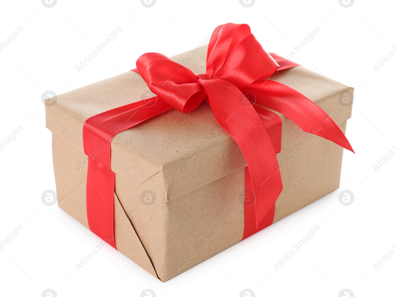 Photo of Christmas gift box decorated with ribbon bow on white background