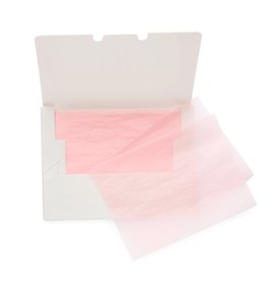 Package with facial oil blotting tissues on white background, top view. Mattifying wipes