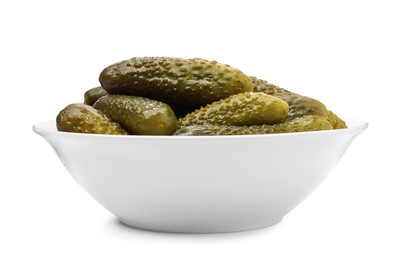 Tasty pickled cucumbers in bowl isolated on white