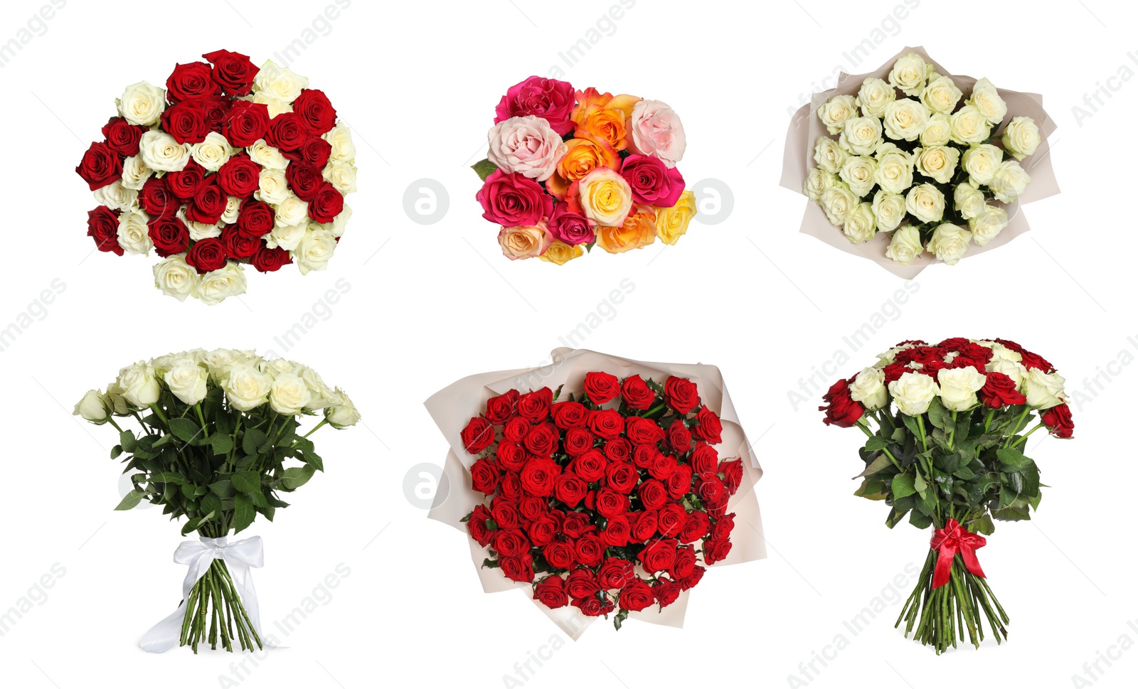 Image of Set of beautiful rose bouquets on white background