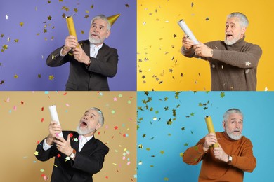 Image of Collage with photos of man blowing up party poppers on different color backgrounds