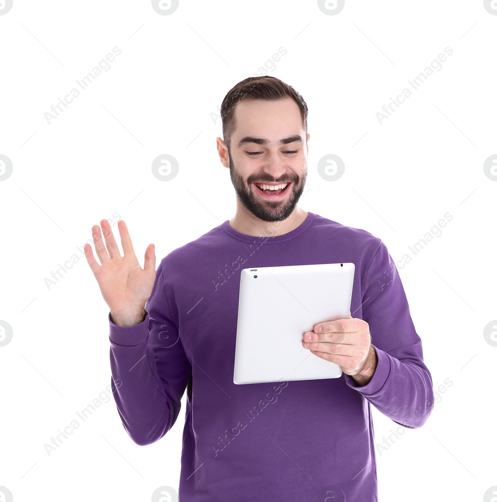 Photo of Man using tablet for video chat isolated on white