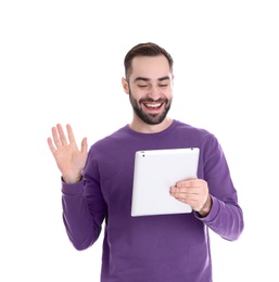 Photo of Man using tablet for video chat isolated on white