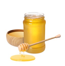 Image of Natural honey dripping from dipper. Jar full of honey and bowl on white background