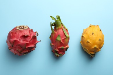 Different pitahaya fruits on light blue background, flat lay