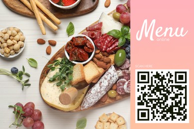 Image of Scan QR code for contactless menu. Set of different delicious appetizers served on white wooden table, flat lay