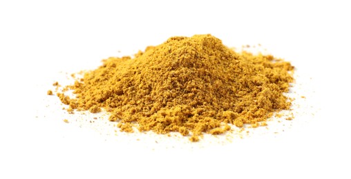 Photo of Pile of dry curry powder isolated on white