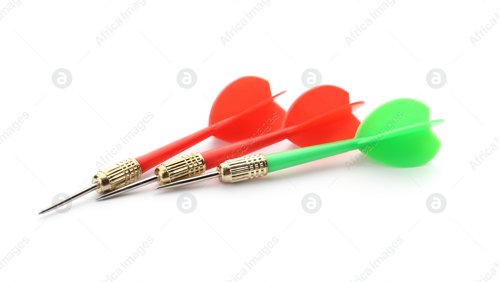 Photo of Sharp red and green darts isolated on white